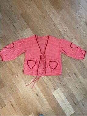 Pink Gingham Heart Tie Cardigan/Shacket Womens M Oversized